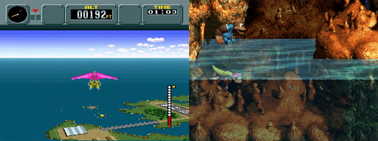 Two Super Nintendo Games: Pilot Wings (left) was a launch title, Donkey Kong Country 3 (right) was one of the last games created for the console.